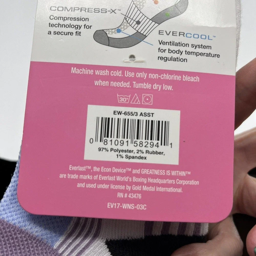 Everlast‎ Socks Womens Shoe Size 5 - 9 1/2 Cushion No Show Socks 3 Pair